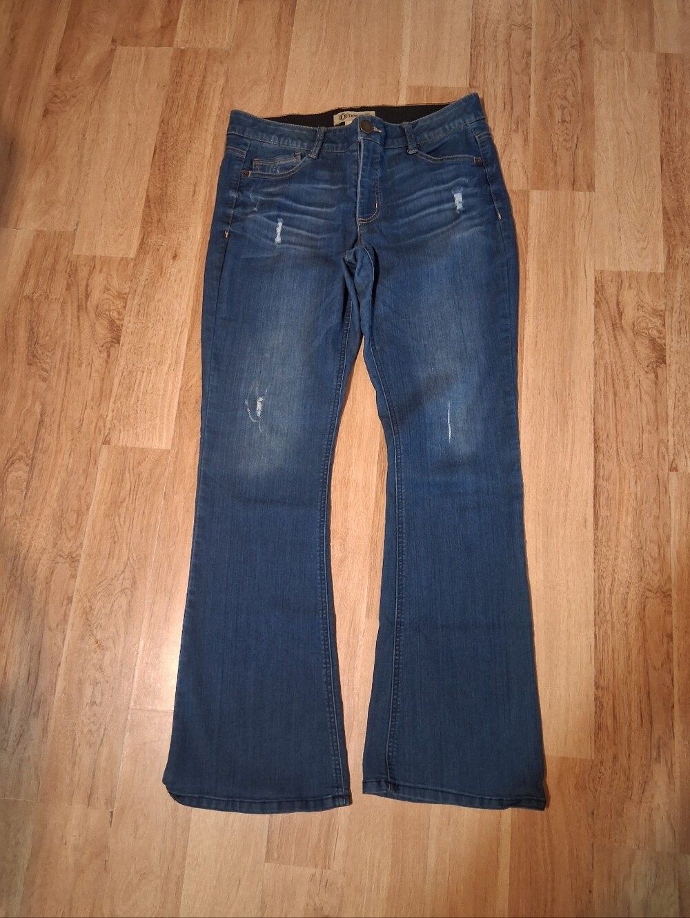 Democracy Dark Blue Flare Jeans with Subtle Distressing